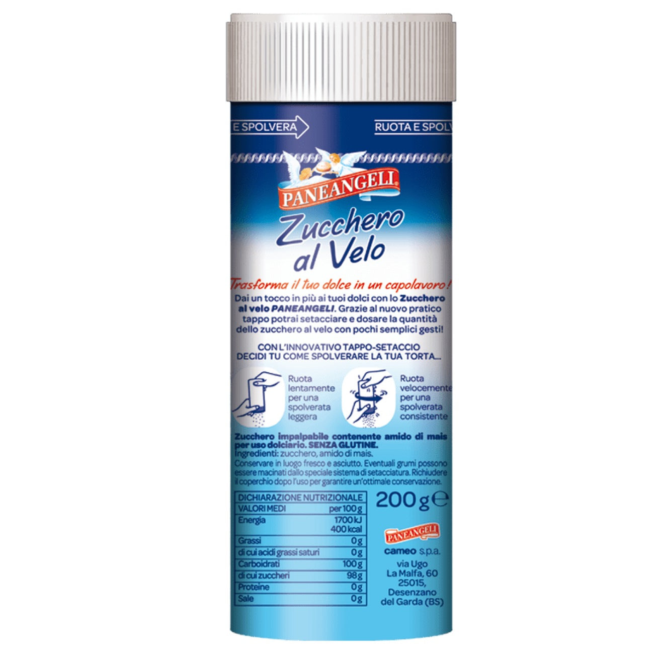 Puudrisuhkur sõelaga PANEANGELI Zucchero a Velo, 200 g